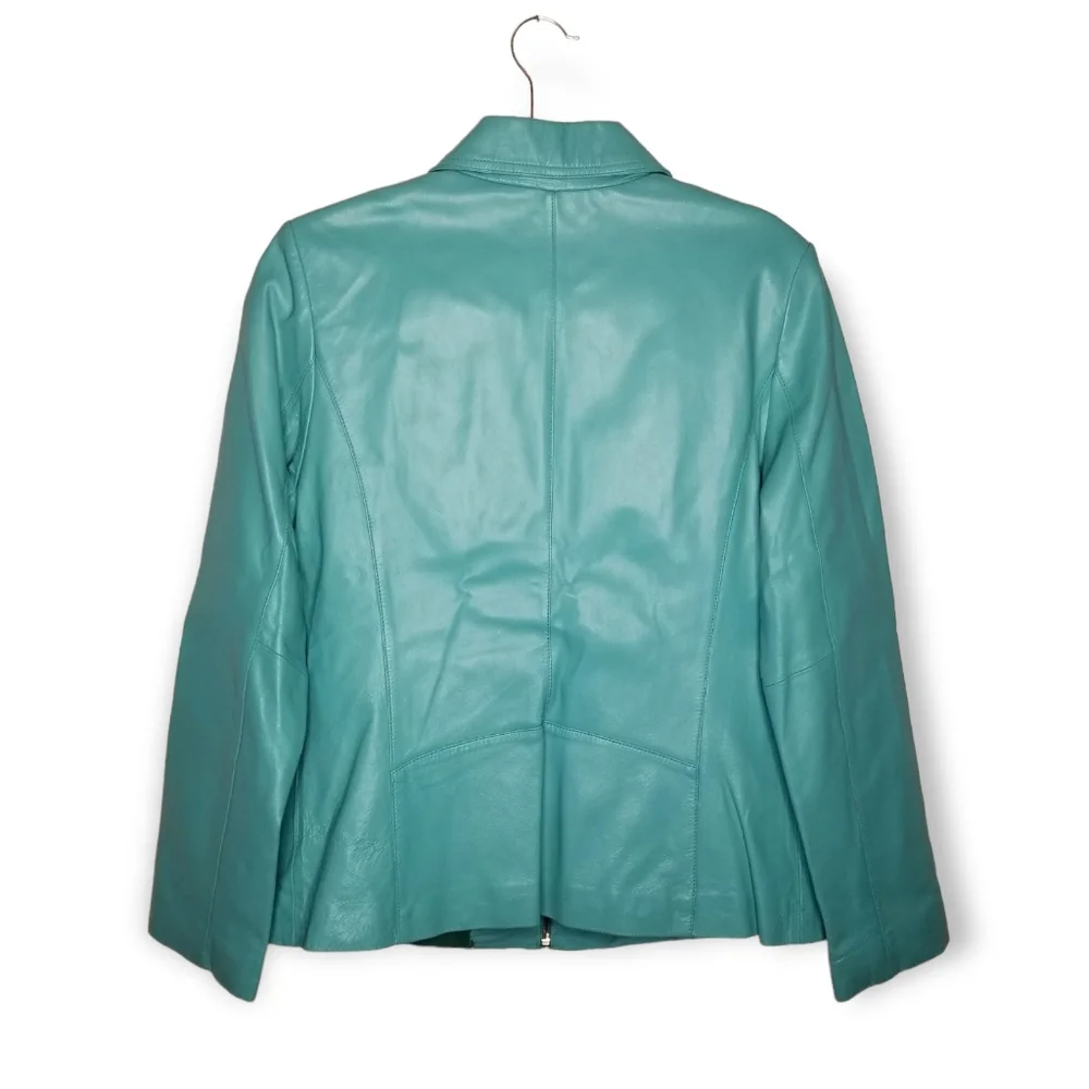 •SOLD• 90s Y2K turquoise leather jacket zip front fitted Colebrook M - Picture 2 of 6